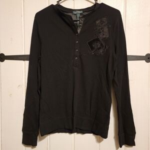 Lauren Ralph Lauren Womens Top Black Preppy Basic Henley Shirt Beaded Size Large